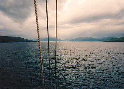 Picture of a view through the Sound of Mull from the upper yard of a tall ship's mast