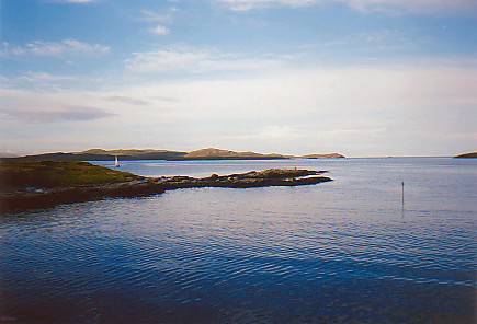 Picture of calm seas around low islands at Lochmaddy, North Uist