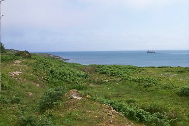 Picture of a coastline in the sun with ferry leaving in the background