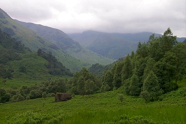 Picture of a glen with a large boulder in view, low clouds above