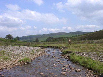 Picture of a rider riding along a burn (small river)