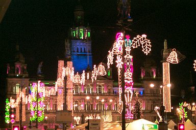 Picture of colourful Christmas lights at George Square in Glasgow