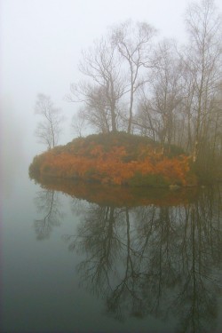 Picture of an island in Loch Katrine in the fog