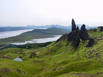 Looking south over the Old Man of Storr, Cuillins in the background Picture of a view over the Old Man of Storr