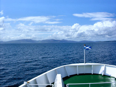 Picture of the bow of the ferry with islands ahead