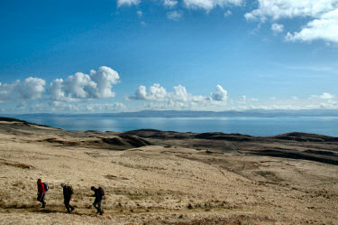 Picture of walkers leaving from Tarbert Estate, the Sound of Jura in the background