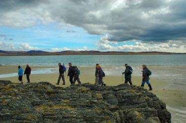 Picture of walkers on a beach, a sea loch behind them