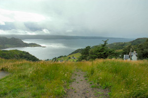 Picture of a view over a sea loch, rain moving in