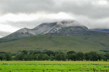Picture of a view of a mountain (Beinn Eighe) on the other side of a glen (valley)