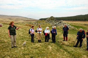 Picture of people standing near ruins of a building, listening to a person speaking