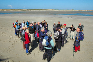 Picture of a group of walkers on a beach listening to the walk leader telling a story