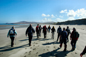 Picture of people walking on a wide sandy beach