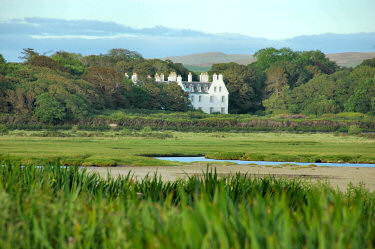 Picture of a large white house in the mild evening sun