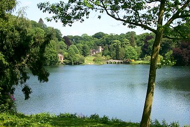 Three buildings: Temple of Flora, St Peter's Church and Turf Bridge