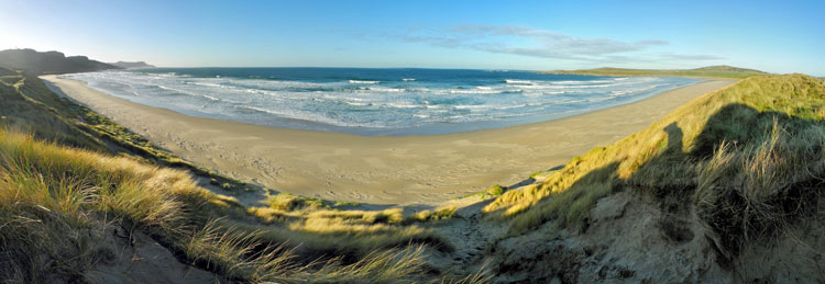 Picture of a panoramic view over a beach from the top of adjacent dunes