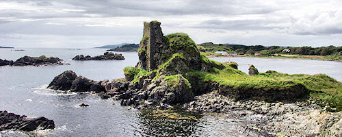Picture of the ruin of a castle at the top of a small sea loch