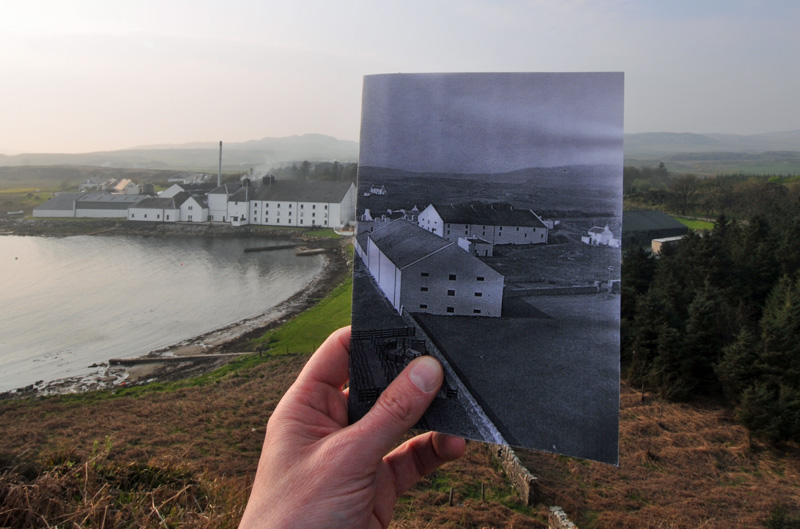 Composite picture of two pictures, old and new, showing Laphroaig distillery from a hill