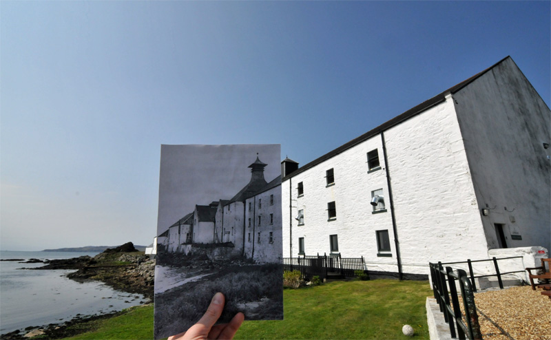 Composite picture of two pictures, old and new, showing the maltings at Laphroaig