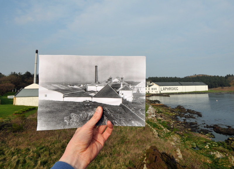 Composite picture of two pictures, old and new, showing Laphroaig distillery from the south